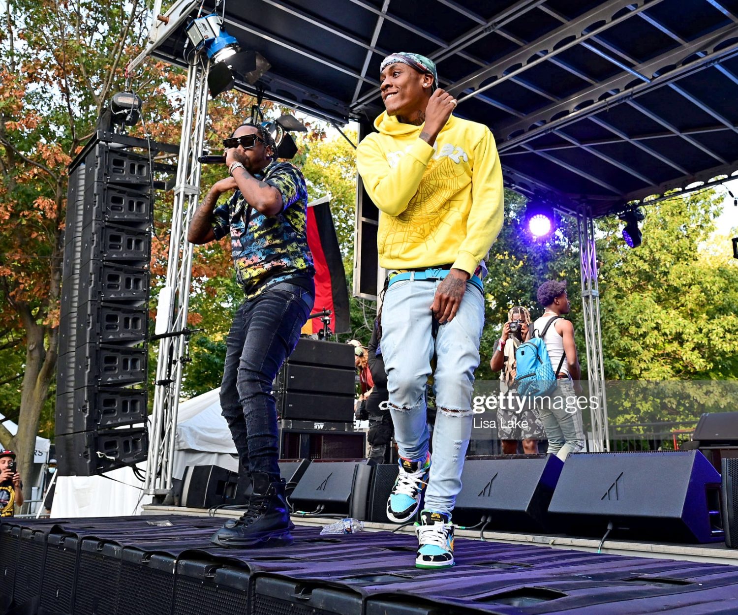 PHILADELPHIA, PENNSYLVANIA - SEPTEMBER 04: Fivio Foreign (L) and TDott Woo perform during 2021 Made In America at Benjamin Franklin Parkway on September 04, 2021 in Philadelphia, Pennsylvania. (Photo by Lisa Lake/Getty Images for Roc Nation)